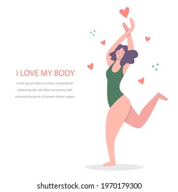 Body positive. Happy  harmonious dancing girl. Love your body. Vector illustration concept. 