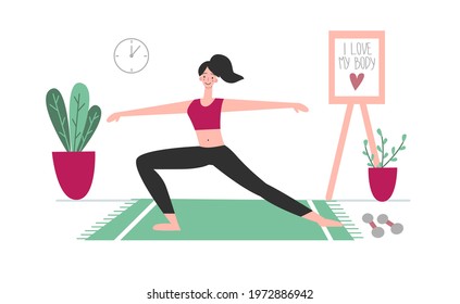 Body positive. Happy  harmonious  girl stand in yoga pose. Love your body. Vector illustration YOGA concept. 