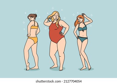 Body positive and happy lifestyle concept. Group of happy cheerful slim and plus size obsolete women dancing in bikini having fun enjoying life together vector illustration 