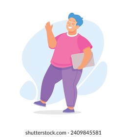 Body Positive Happy Man Character with Cheerful Smile Waving Hand Vector Illustration