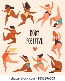 Body positive. Happy overweight women in swimsuits activity poses, charming plus size woman in fashionable trendy bikini dancing, fat female characters poster with text, plus size girls vector concept