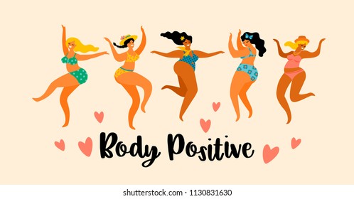 Body positive. Happy plus size girls are dancing. Vector illustration. Body positive. Happy plus size girls are dancing. Vector illustration.