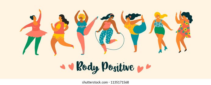 Body positive. Happy plus size girls and active lifestyle. Vector illustration.