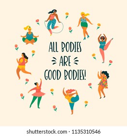 Body positive. Happy plus size girls and active lifestyle. Vector illustration.