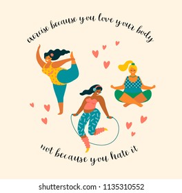 Body positive. Happy plus size girls and active lifestyle. Vector illustration.