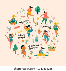 Body positive. Happy plus size girls and active healthy lifestyle. Vector illustration.