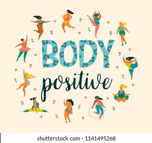 Body positive. Happy plus size girls and active healthy lifestyle. Vector illustration.