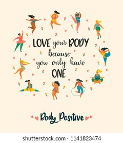 Body positive. Happy plus size girls and active healthy lifestyle. Vector illustration.