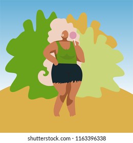 Body positive. Happy plus size model with lollipop Vector illustration