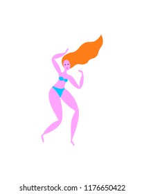 Body positive. Happy plus size girl in bikini. Vector illustration.