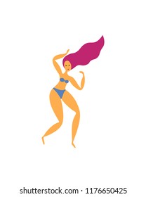 Body positive. Happy plus size girl in bikini. Vector illustration.