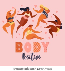 Body positive. Happy plus size girls and active healthy lifestyle. Vector illustration.