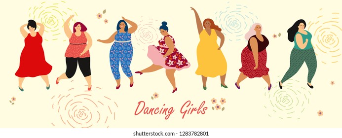 Body positive. Happy plus size girls are dancing.