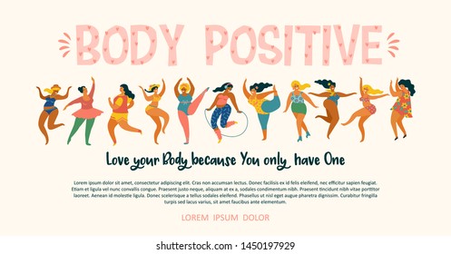 Body positive. Happy plus size girls and active healthy lifestyle. Vector illustration.