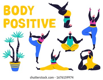  Cuerpo positivo. Niñas felices más grandes y estilo de vida activo y saludable. Ilustración vectorial.