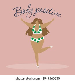 Körperpositiv. Fröhliches und größeres Mädchen. Frauenfreiheit, Mädchenmacht. Frau mit schönem Haar auf rosafarbenem Hintergrund. Flache Vektorgrafik