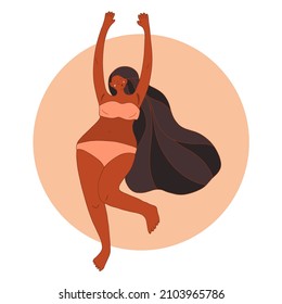 Cuerpo positivo. Feliz y grande niña africana y activo estilo de vida saludable. Ilustración del vector