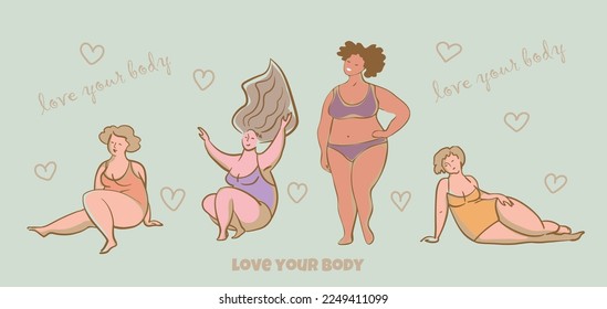 Body positive. Happy plus size girls. Vector illustration.