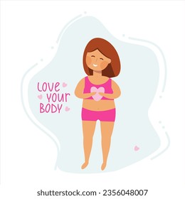 Cuerpo positivo. Chica feliz más grande sosteniendo el corazón con letras de Love Your Body. Ilustración vectorial.
