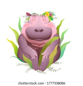 Body positive happy and smiling hippopotamus sitting in nature wearing flowers wreath on head. Cute happy hippo beautiful 3d realistic drawing t shirt prints and apparel design. Vector illustration.