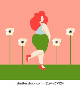 Body positive. Happy vintage woman. Vector illustration