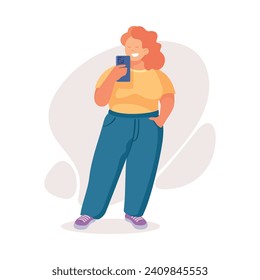 Body Positive Happy Woman Character with Cheerful Smile Standing with Smartphone Vector Illustration