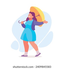 Body Positive Happy Woman Character with Cheerful Smile Walk with Umbrella Vector Illustration