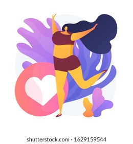 Mujer feliz con cuerpo positivo. Los medios sociales influencian, además de un modelo de tamaño, un estilo de vida saludable. Alegre chica con sobrepeso en ropa interior personaje de dibujos animados. Ilustración de metáfora de concepto aislado de vectores.