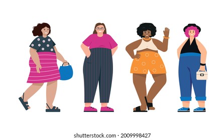Body positive happy women or girls dressed in trendy summer clothes standing together. Group of female friends or feminist activists on white background. Flat or cartoon vector illustration.