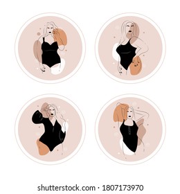 Cubiertas de resaltado de cuerpo positivo. Resumen de figuras femeninas minimalistas. Mujeres lineares y elegantes en lencería y traje de baño con formas abstractas y simples. Diseño de promoción para medios sociales.