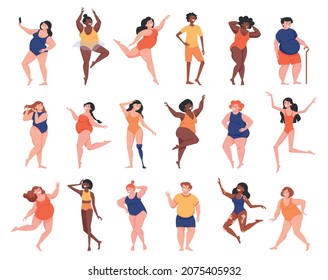 Body positive icon set happy women with different body features heavy weight disability excessive thinness and different skin color vector illustration
