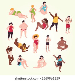 body positive icons set with beachwear isometric isolated vector illustration