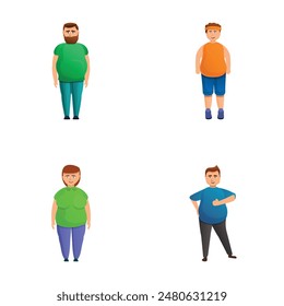 Body positive icons set cartoon vector. Man and woman overweight. Body acceptance