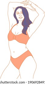 Body positive illustration. Vector line drawing woman in lingerie