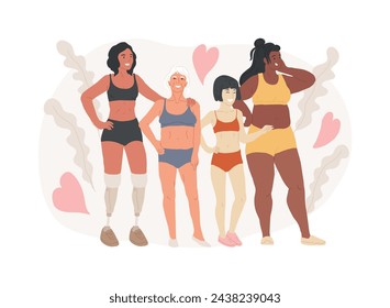 Body positive isolated concept vector illustration. Positive body image, diversity trend, positivity, acceptance of all body types, self-confidence, plus size brand promotion vector concept.