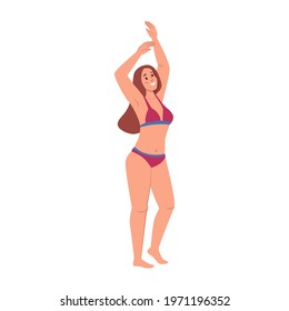Body positive lady in bikini swimsuit isolated normal physique flat cartoon character. Vector smiling girl, fashion model. Body positivity, pretty female in summer swimwear, summer vacation