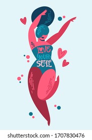 Body positive lettering design - Love yourself. Hand drawn inspiration phrase on a plus size women character. Curvy dancing girl. 