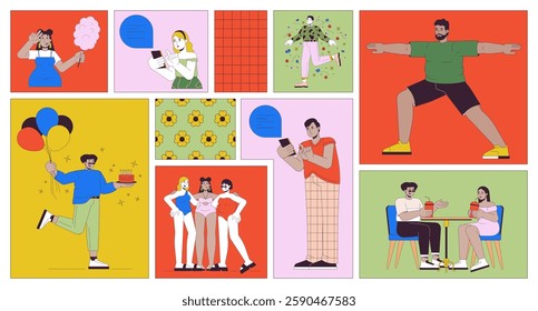 Body positive lifestyle bento grid illustration set. Happy life with obesity 2D vector image collage design graphics collection. Diverse people with overweight flat characters moodboard layout