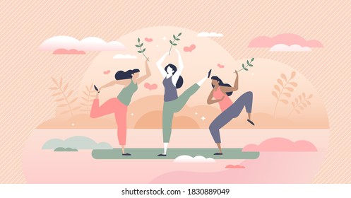 Body positive lifestyle with healthy or vitality activity tiny person concept. Wellness training for figure, shape or mind with yoga stretching, sport and physical posture practice vector illustration