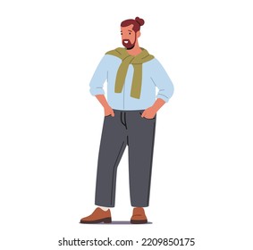 Body Positive, Love And Accept Your Body, Fashion For Curvy People Concept. Trendy Plus Size Man Stand With Hands In Pockets, Male Character Isolated On White Background. Cartoon Vector Illustration
