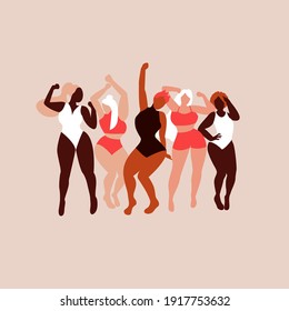 Body positive. Love your body. Different skin color and body size women characters dance in swimsuit. Flat vector illustration for postcard, banner, poster, app. Eps 10