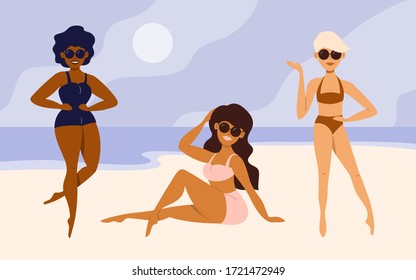 Body positive, love your figure concept. Different skin color and ethnicity cute girls in swimsuits smiling and posing on beach. Three beautiful multicultural woman. Summer time vector illustration.