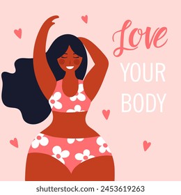 Cuerpo positivo. Ama tu cuerpo.  Ilustración vectorial plana para postal, tarjeta, Anuncio, póster. Ilustraciones vectoriales 