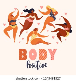 Body positive. Love your body. Happy plus size girls and active healthy lifestyle. Vector illustration.