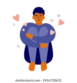 Body positive, love yourself concept. Happy smiling man sitting hugging self knees. Person mental health care. Male wellbeing, selfcare vector illustration. Feeling confidence, happiness, acceptance