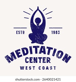 Body positive meditation class emblem. Graphic design with typographic and silhouettes of girl in asana. Blue print with rough texture on white background