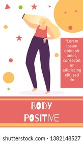 Body Positive Mobile Stories Flat Page Party Style Vector Cartoon Woman Character Standing under Light Love Yourself Concept Illustration Network Banner Template with Space for Inspirational Quote