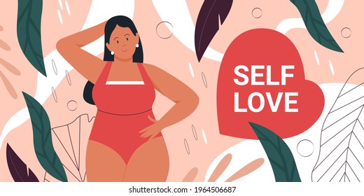 Body positive movement concept vector illustration. Cartoon happy woman, plus size female character in swimsuit standing with smile in floral background. Accept your body, self love slogan and heart