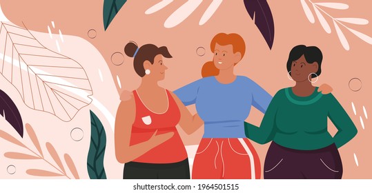 Body positive movement, love yourself concept vector illustration. Cartoon overweight girl friends characters in sportswear standing and hugging, happy beautiful plus size women love and pride body