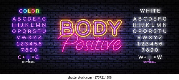 Body Positive neon sign vector. Neon Design template, light banner, night signboard, nightly bright advertising, light inscription. Vector illustration. Editing text neon sign.